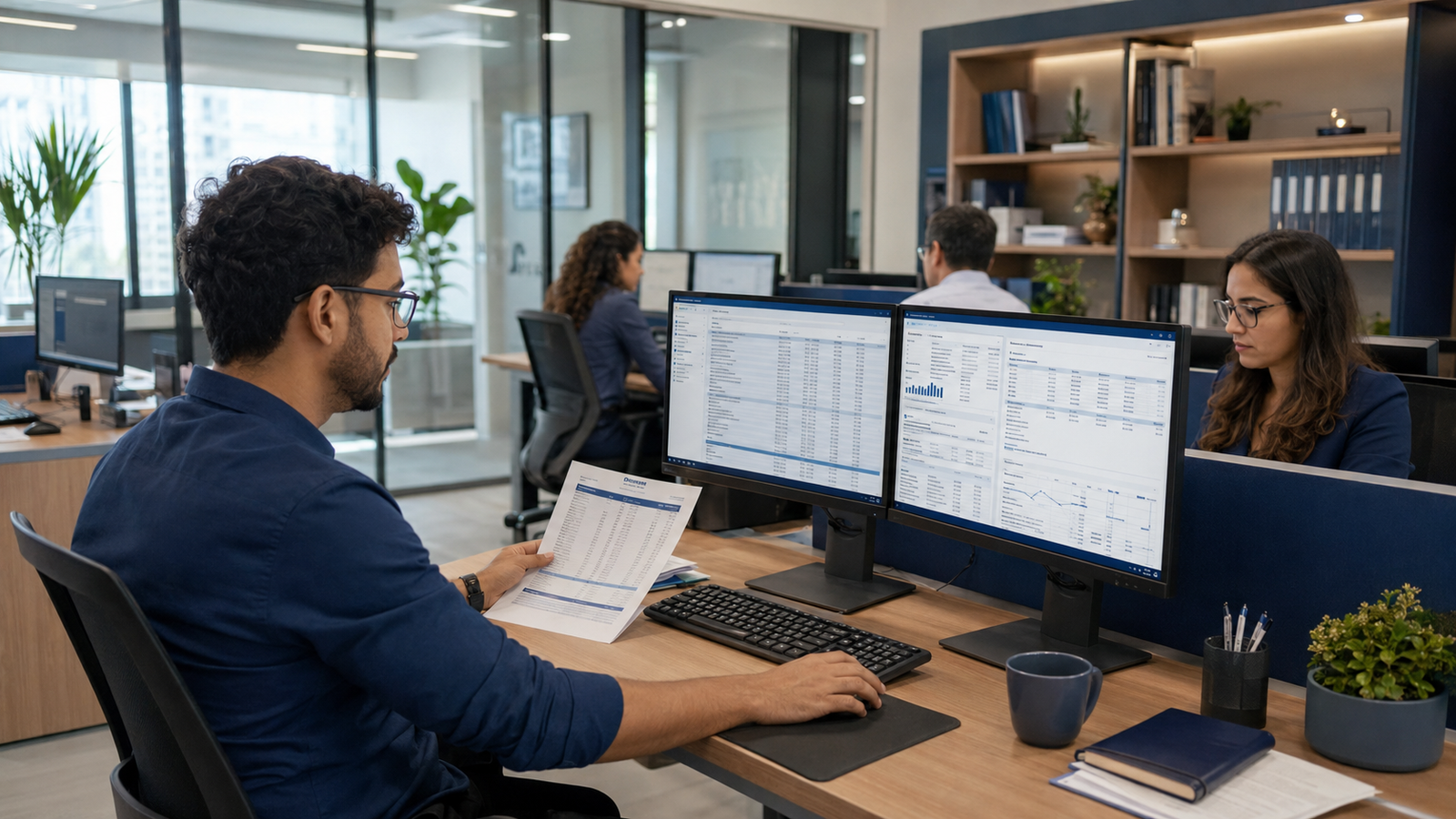 Contadores trabalhando em computadores com telas duplas em escritório contábil